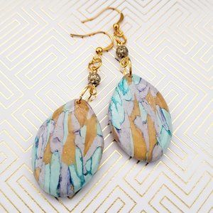 Egg Shape Polymer Clay Drop Earrings | Aquamarine Lavender and Gold